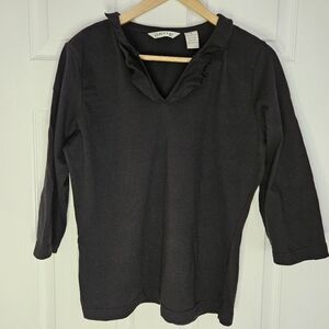 Orvis Black Cotton Top Ruffle Collar Sz M 3/4 Sleeves